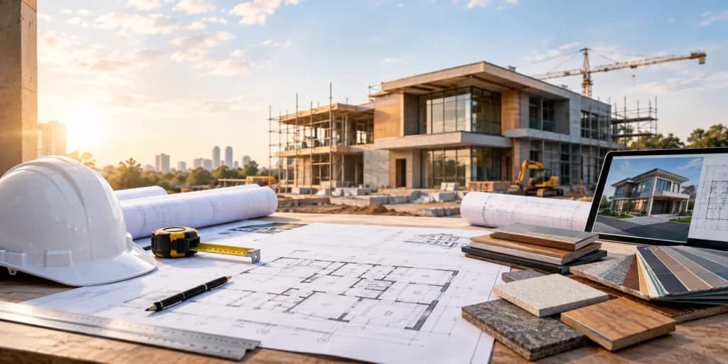 Planning a construction project with architectural plans, materials, and project documents